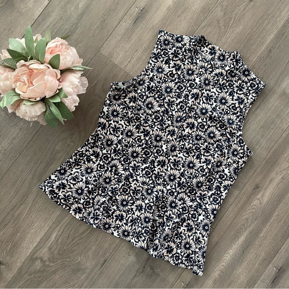 New Banana‎ Republic Cream Floral Print Mock Neck Peplum Blouse
